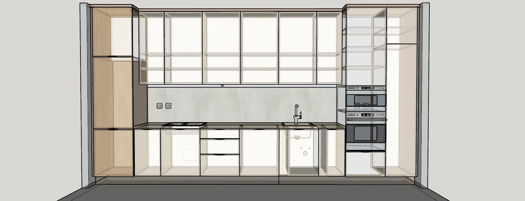 A valós konyha műszaki SketchUp modellje konnektorokkal, vízkiállással, gépekkel és belső osztásokkal