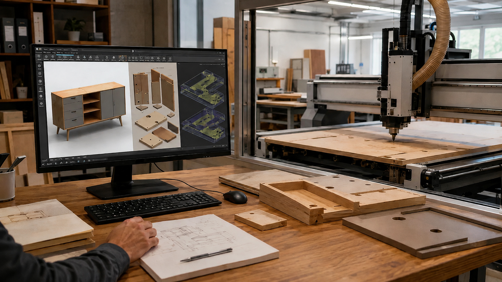 AI mint digitális karmester, amely parametrikus bútortervezőt, lapoptimalizálót, árazót és CNC rendszert kapcsol össze