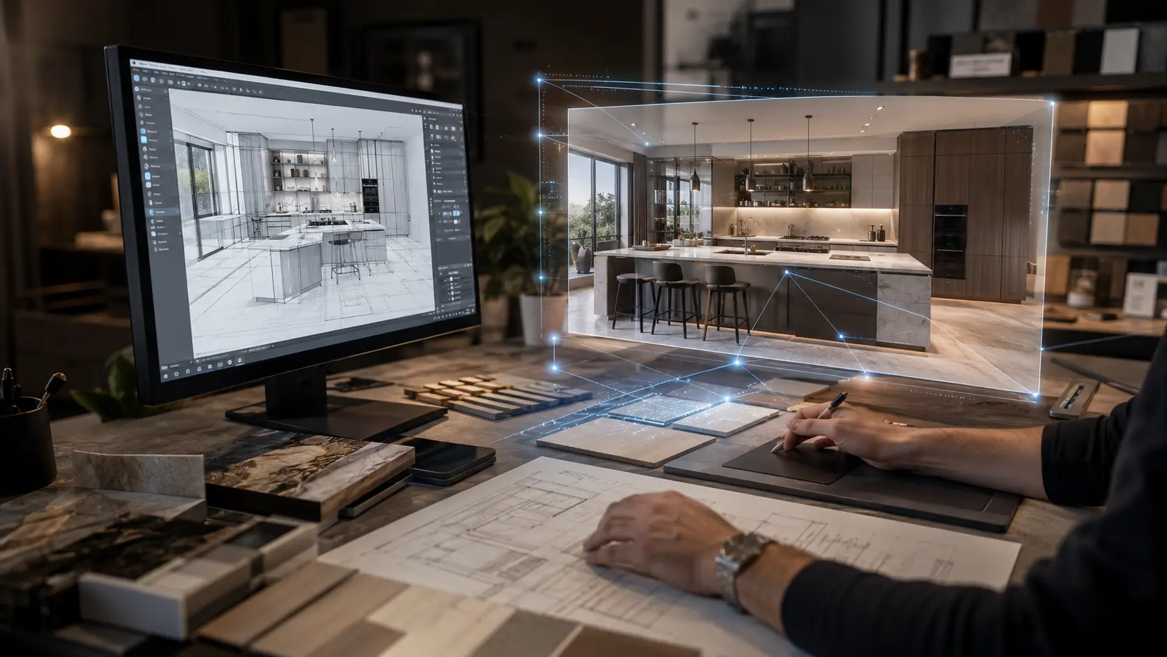 Bútortervezési munkafolyamat 3D modelltől Twinmotion renderen át AI segítségével finomított fotórealisztikus látványig